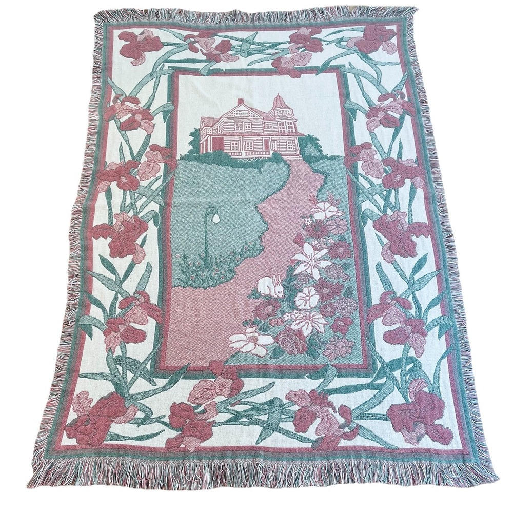 Cotton tapestry throw blanket Victorian house and garden scene 62"x46" Vtg Nice